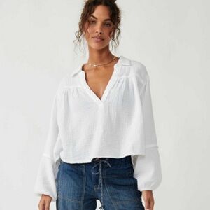 Free People Yucca Double Cloth Top Long Sleeve Pullover BOHO White V-neck Medium